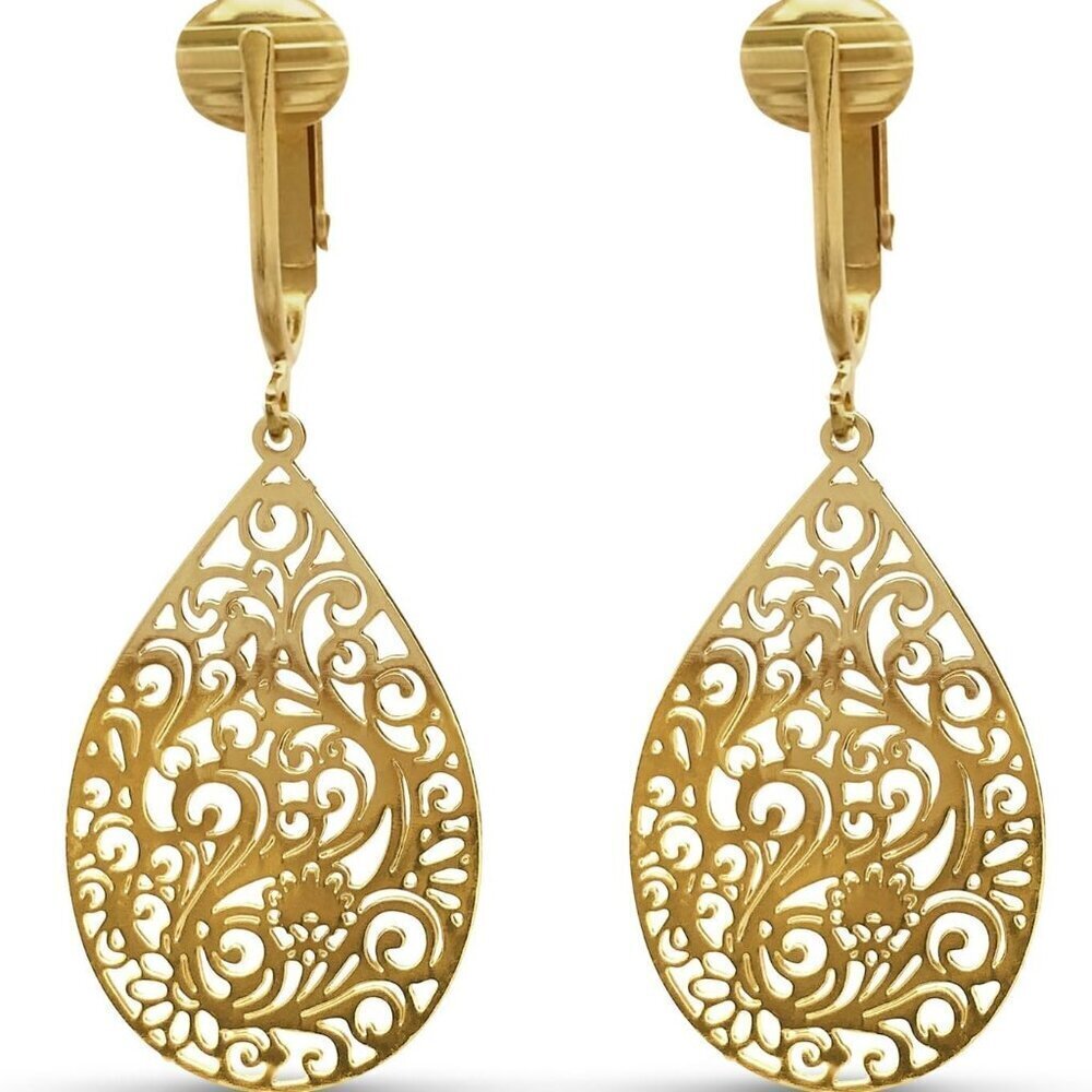 Small Victorian Filigree Teardrop Clip On Earrings Gold Tone Dangle Jewelry